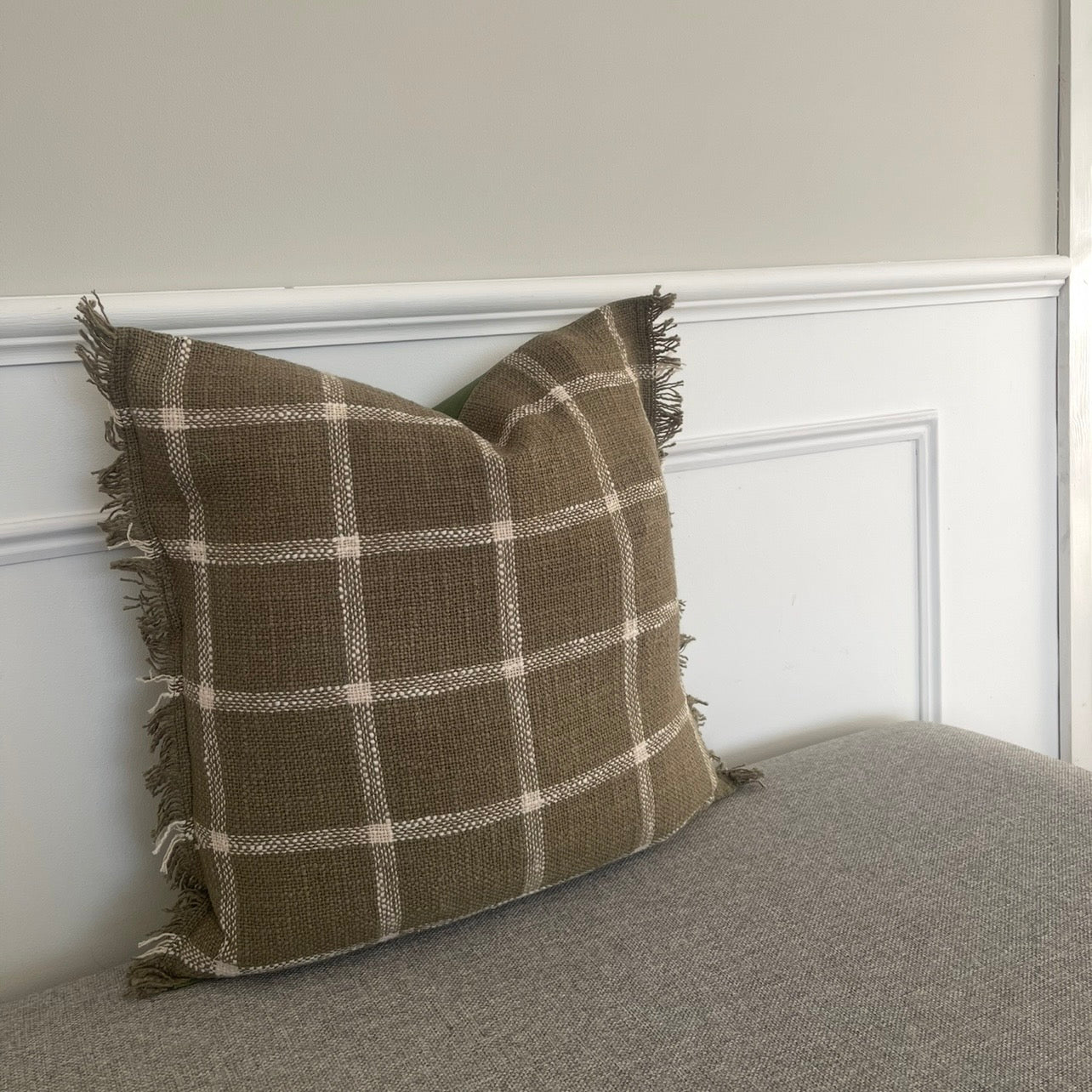 Check Fringed Cushion Cover - Moss