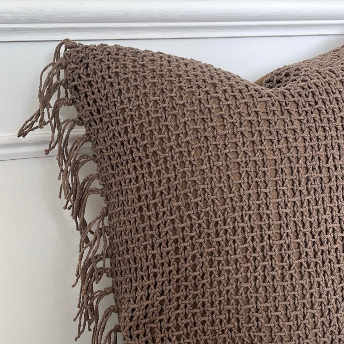 Knit Fringed Cushion Cover - Mushroom