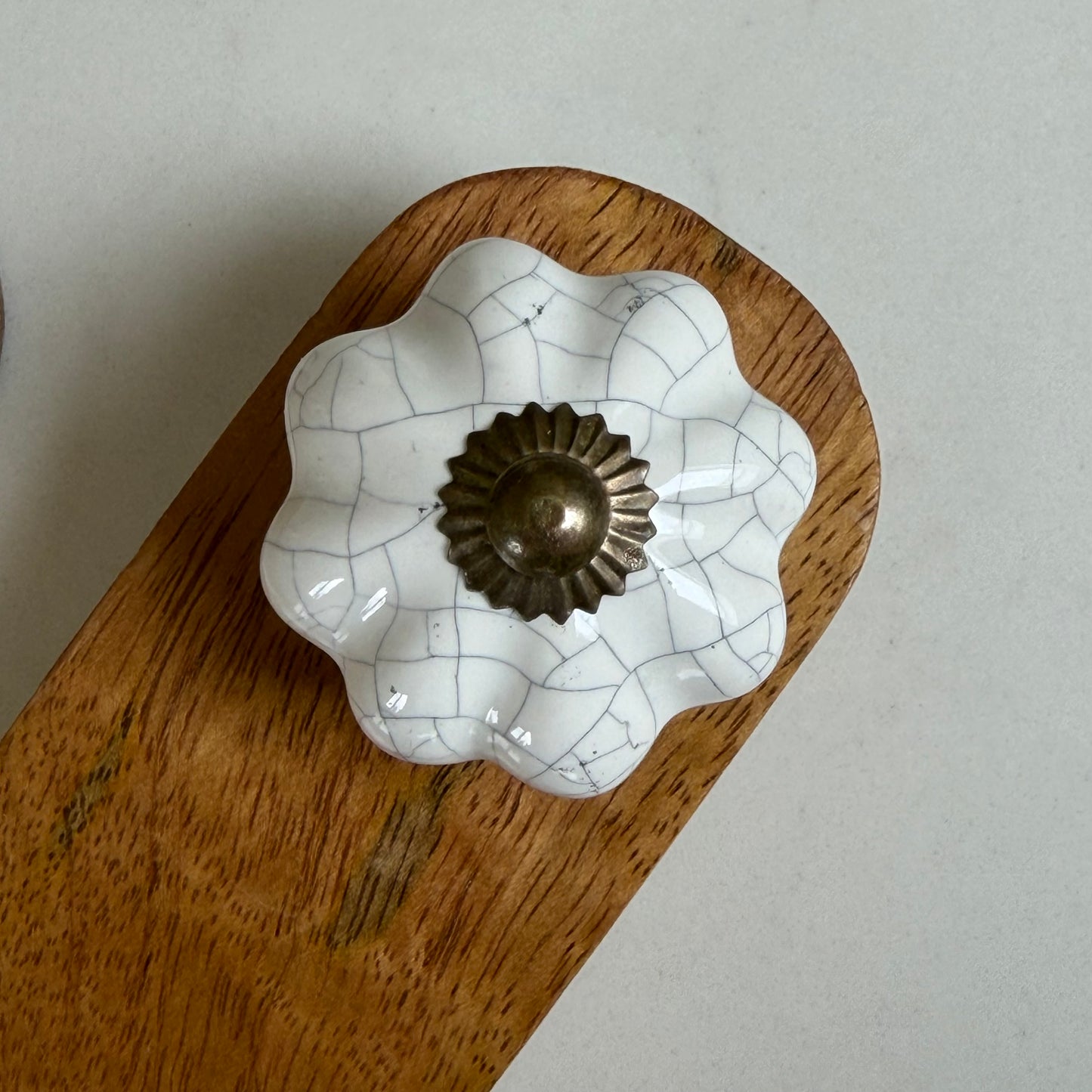 Wooden Doorstop With Ceramic Knob - White