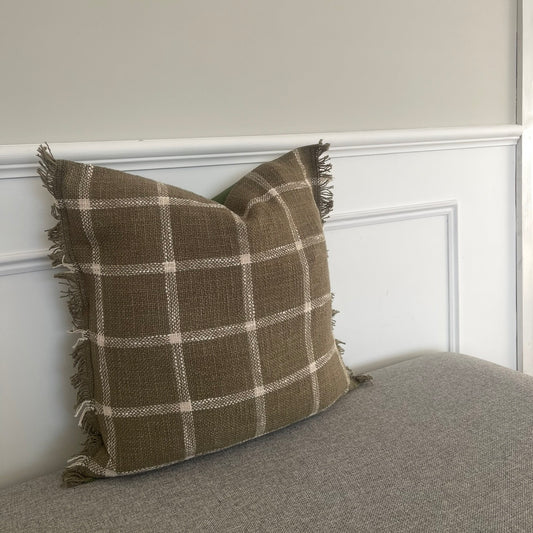Check Fringed Cushion Cover - Moss