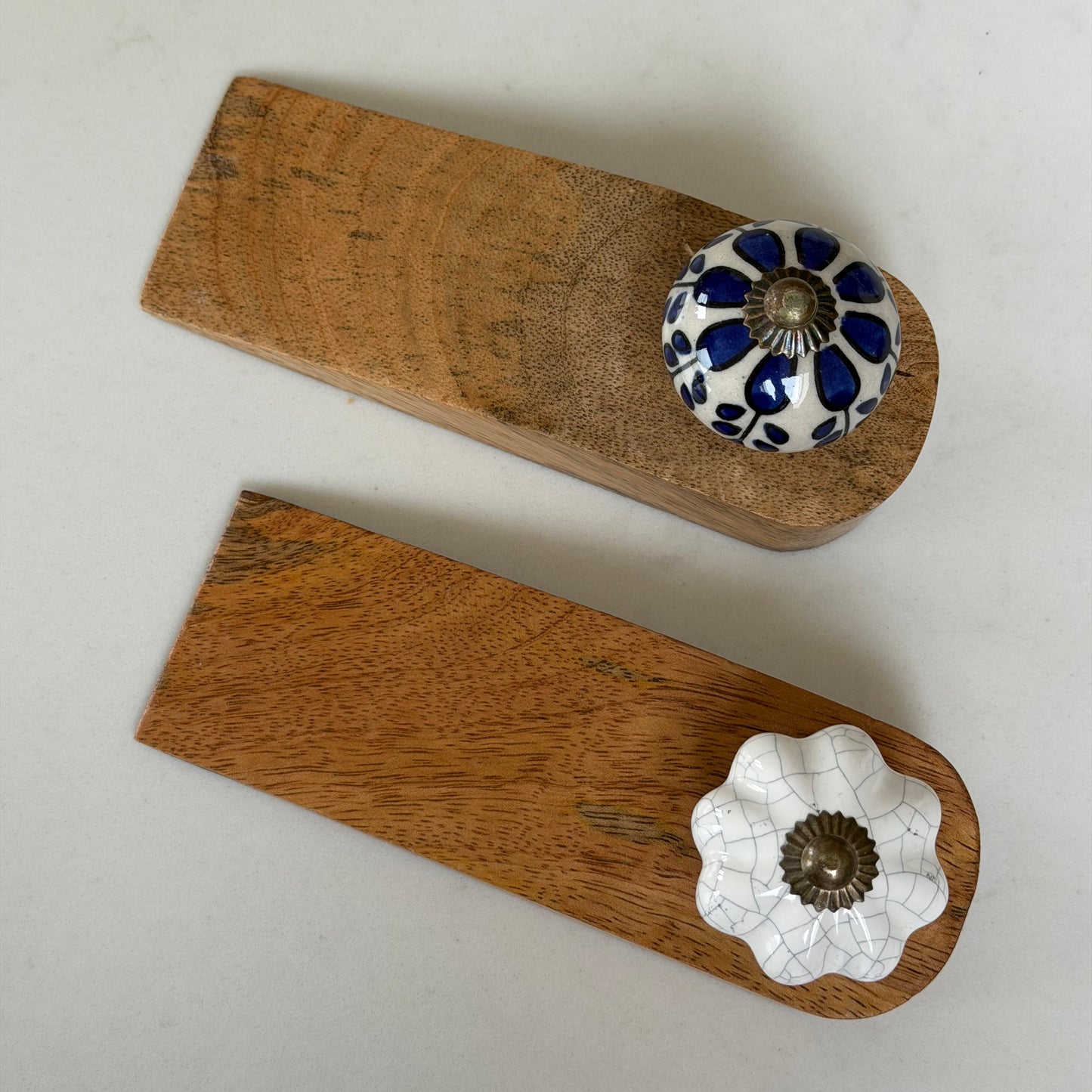 Wooden Doorstop With Ceramic Knob - White