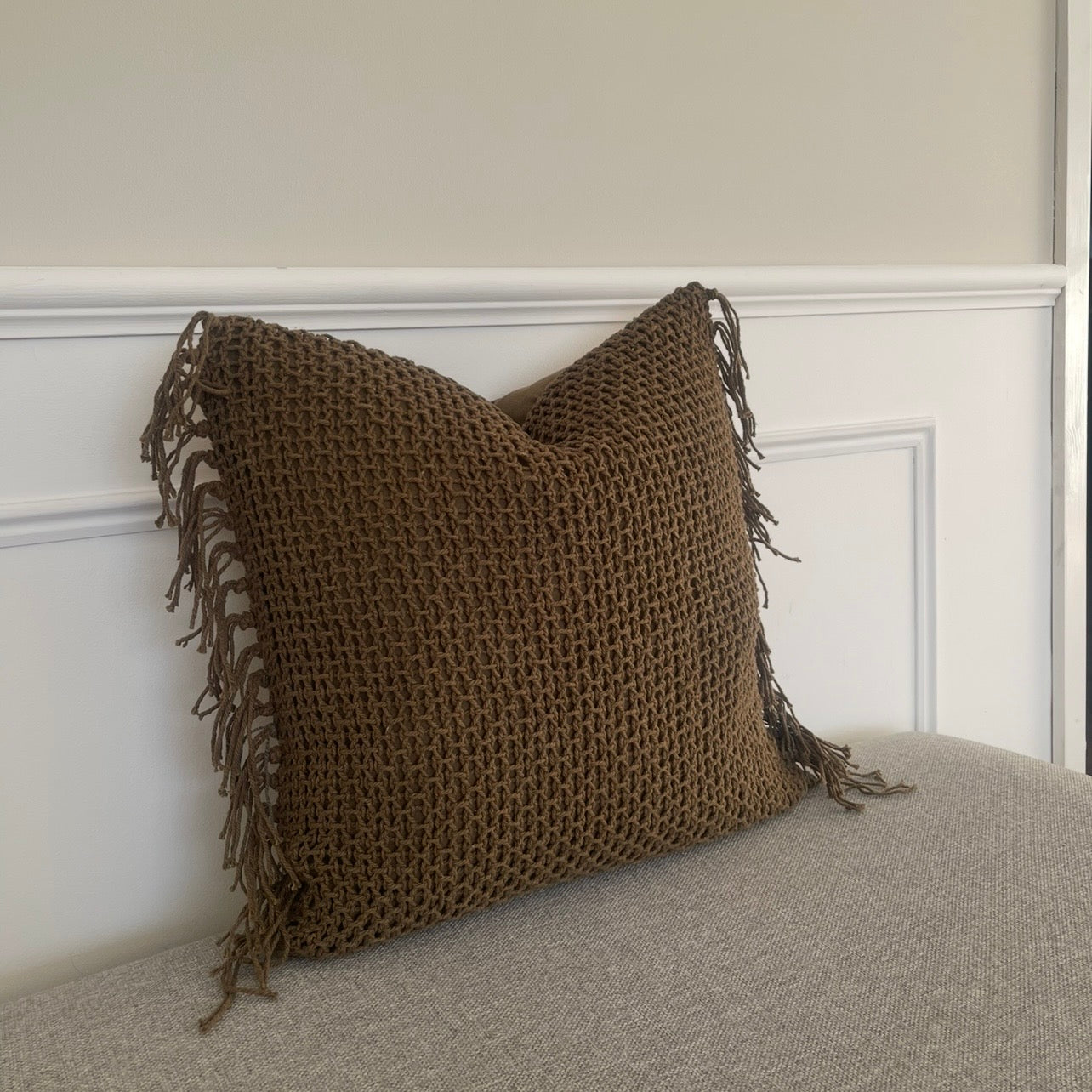 Knit Fringed Cushion Cover - Khaki