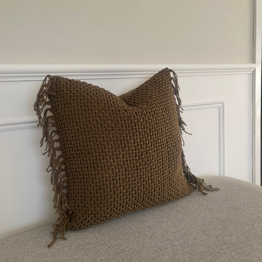 Knit Fringed Cushion Cover - Khaki