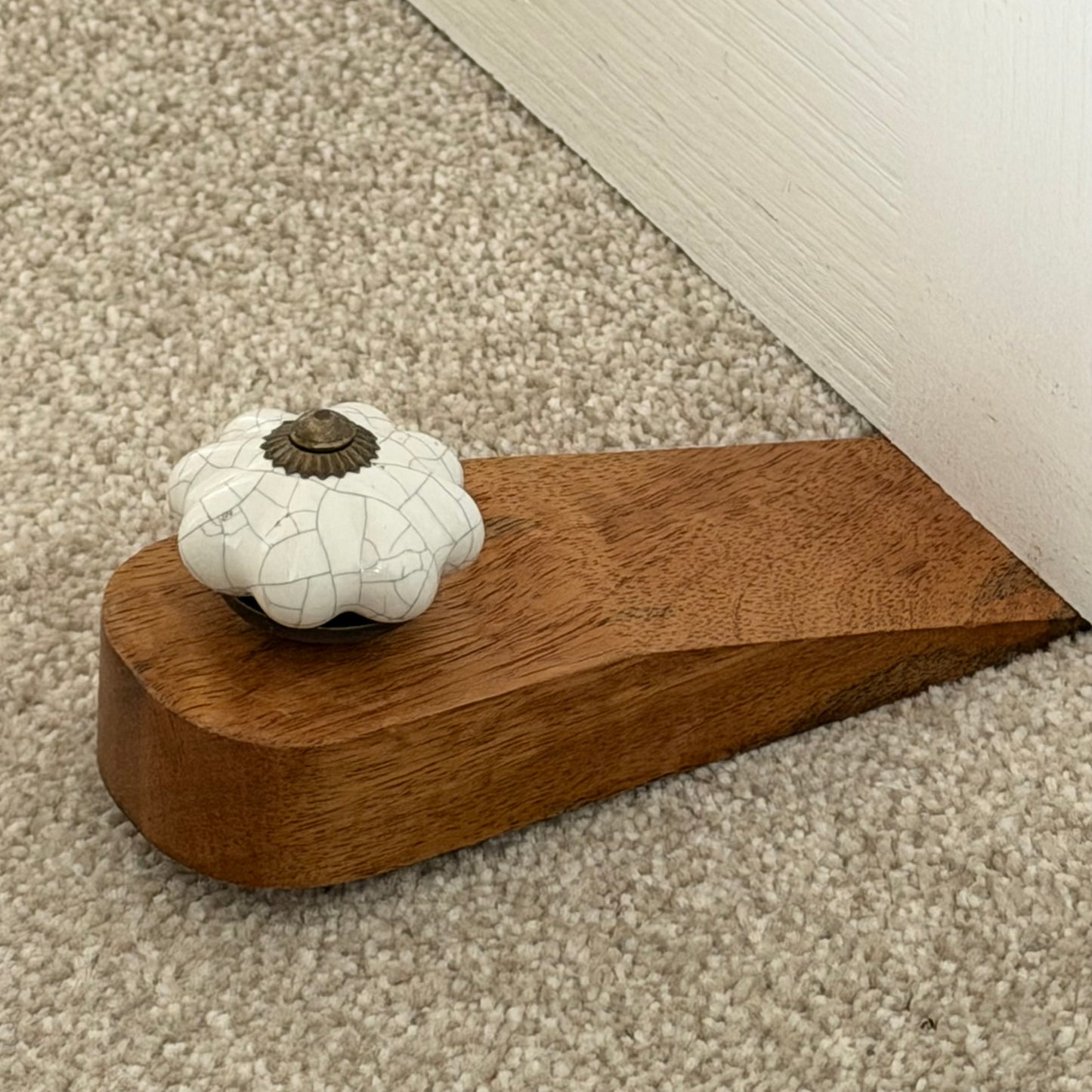 Wooden Doorstop With Ceramic Knob - White