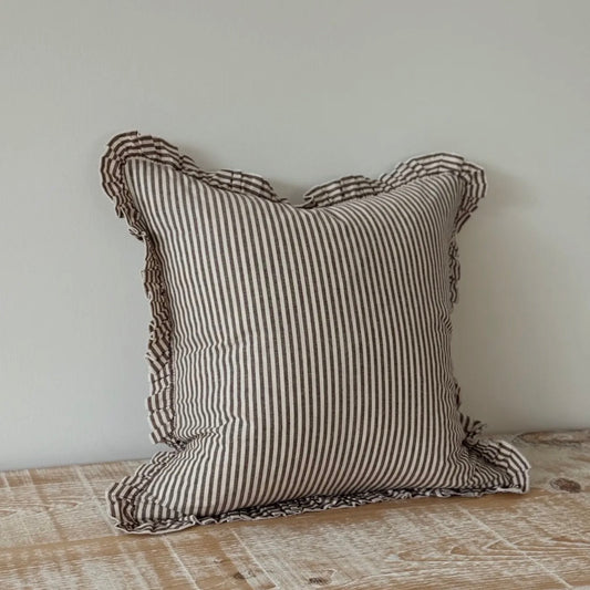 Brown Striped Ruffle Cushion Cover