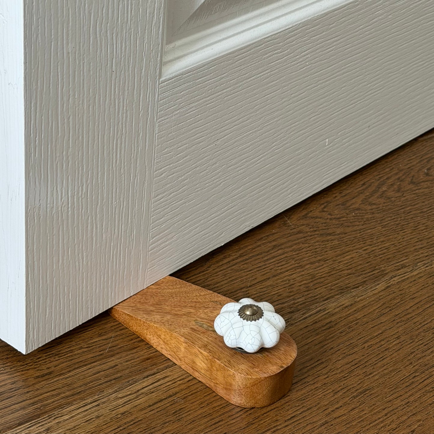 Wooden Doorstop With Ceramic Knob - White