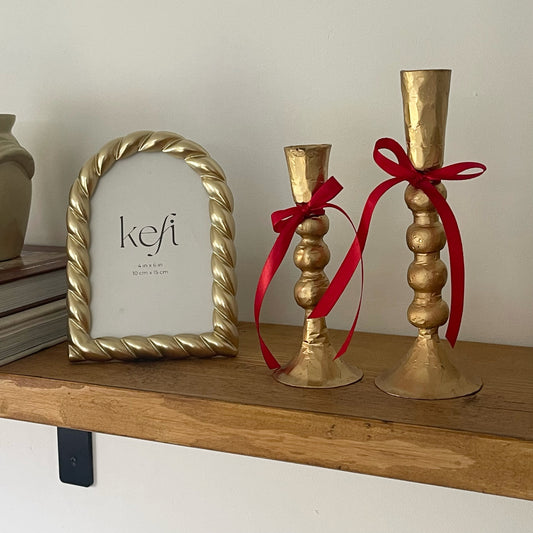 Gold Hammered Bobbin Candlestick