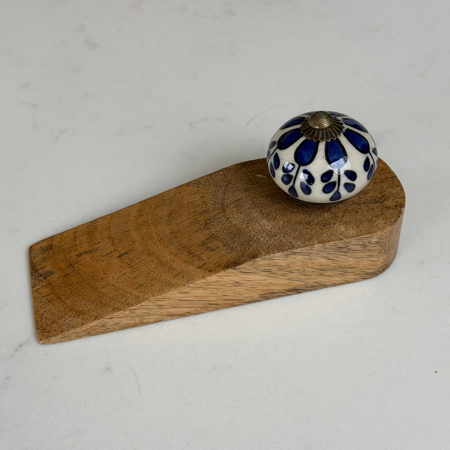 Wooden Doorstop With Ceramic Knob - Blue