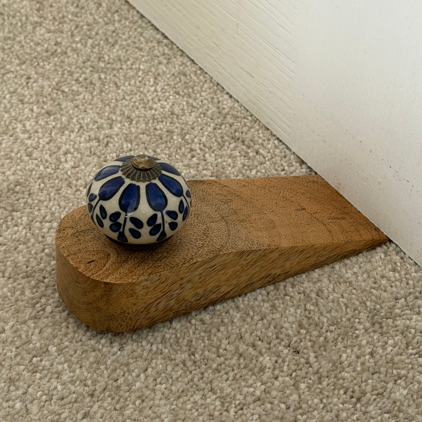 Wooden Doorstop With Ceramic Knob - Blue