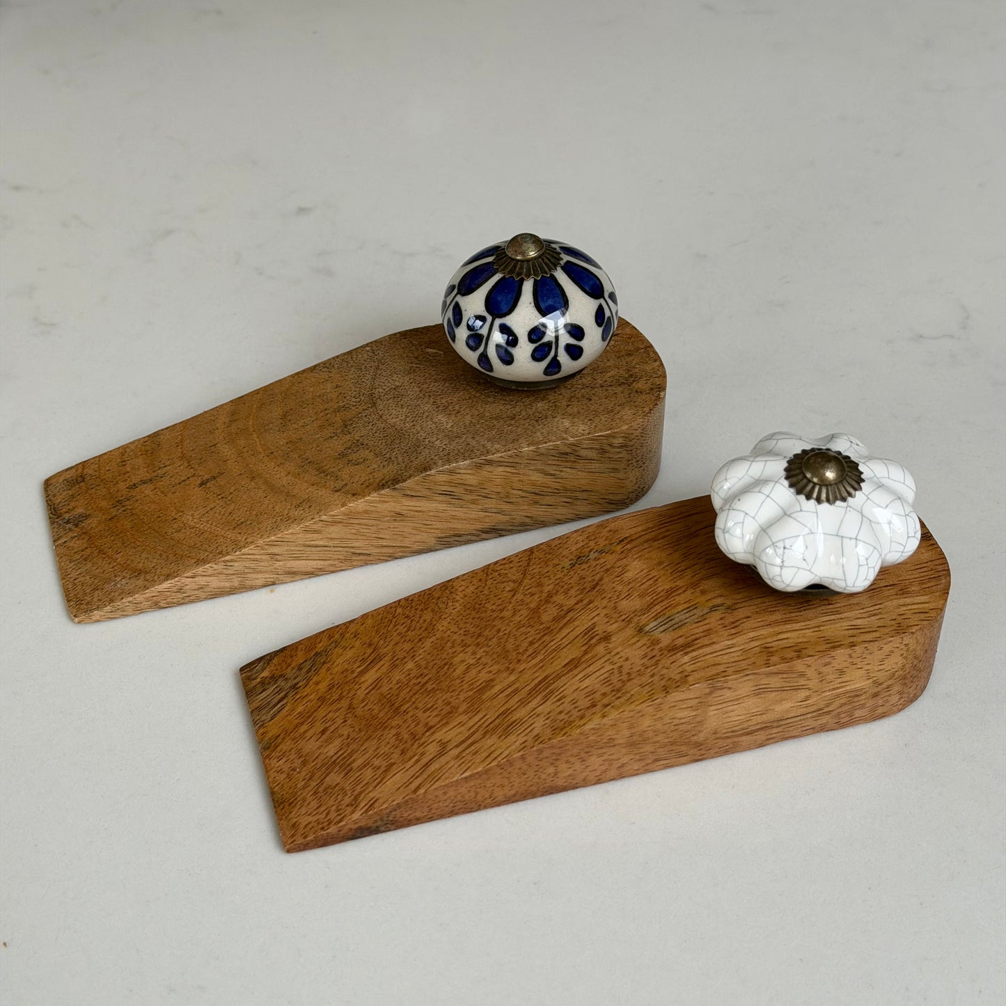 Wooden Doorstop With Ceramic Knob - White
