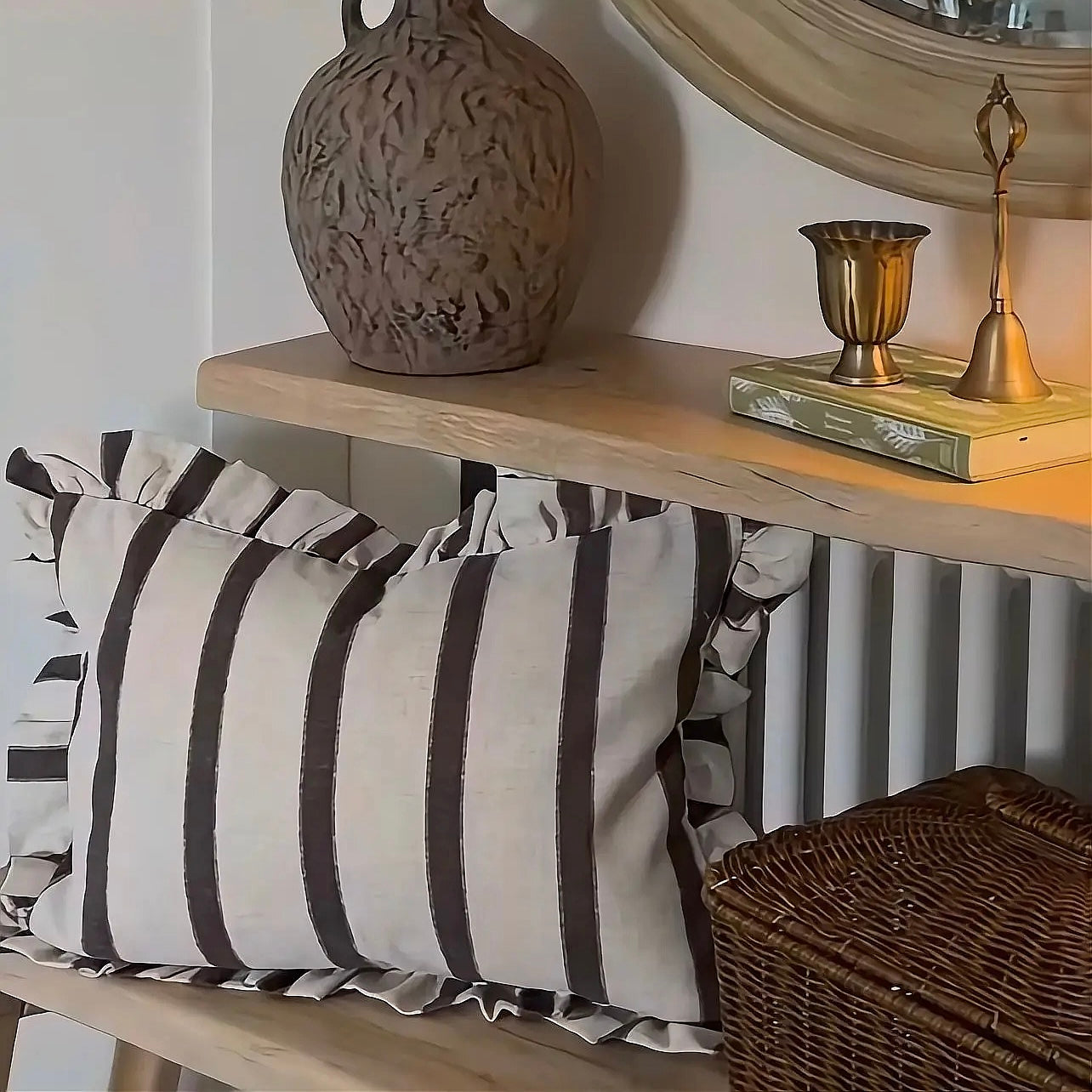 Chocolate Striped Ruffle Cushion Cover