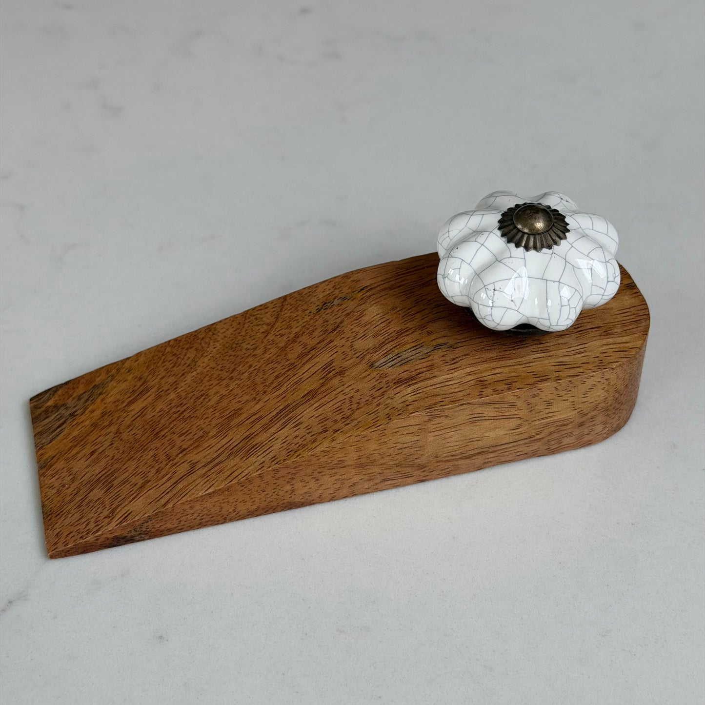 Wooden Doorstop With Ceramic Knob - White