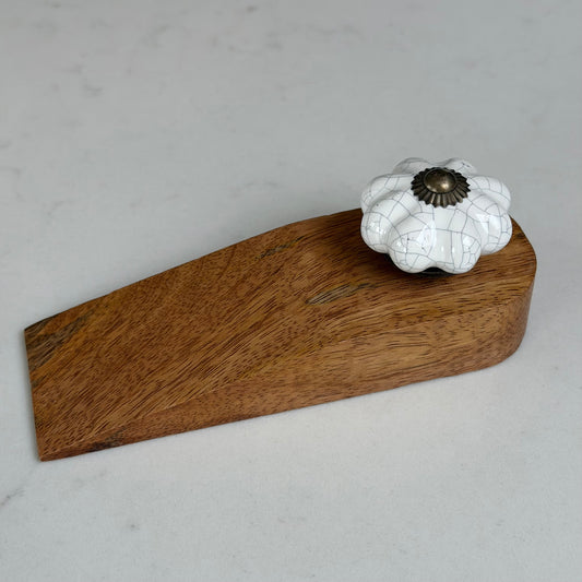 Wooden Doorstop With Ceramic Knob - White
