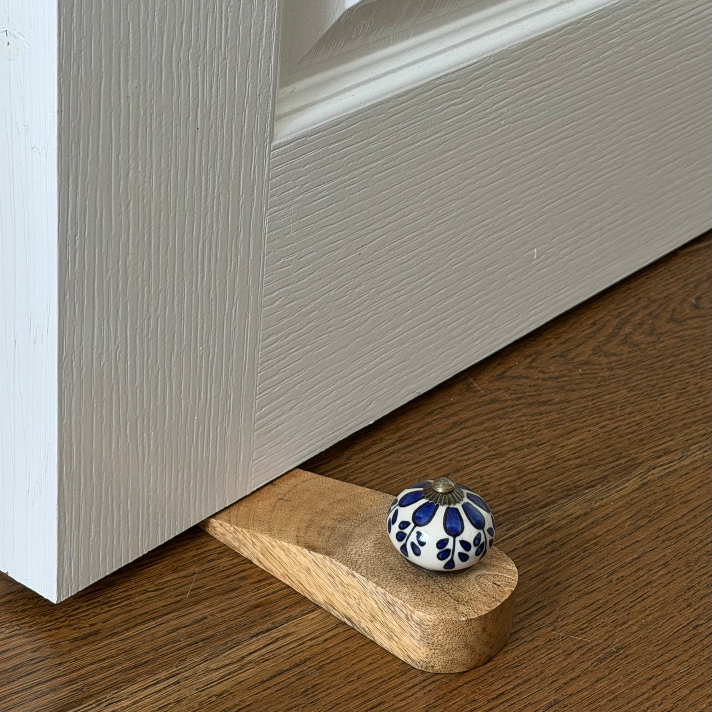Wooden Doorstop With Ceramic Knob - Blue